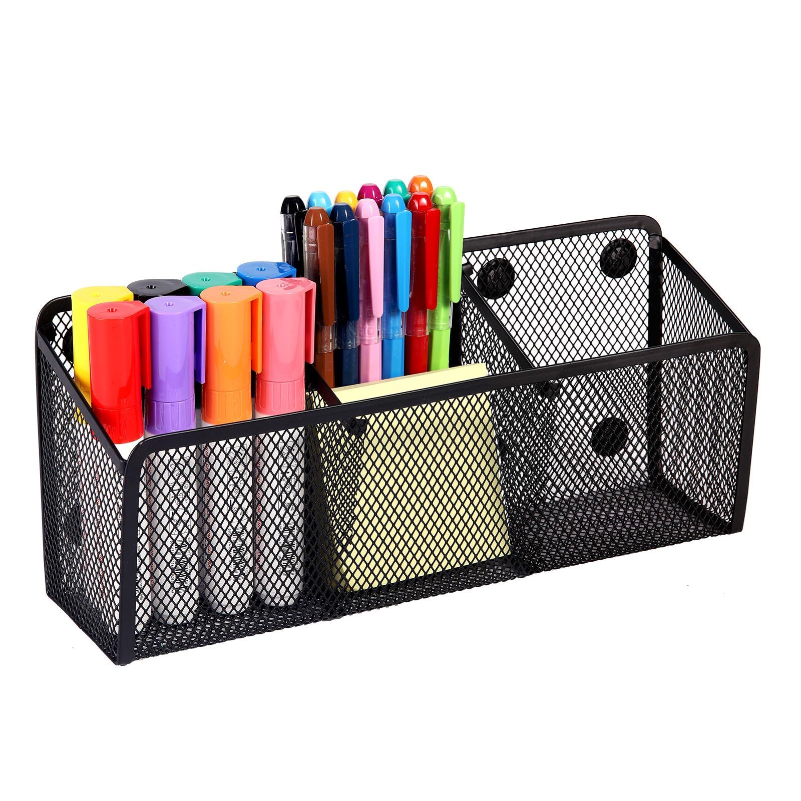 Magnetic Pencil Holder - Extra Strong Magnets Mesh Marker Holder Perfect for Whiteboard, Refrigerator and Locker Accessories (3 Baskets, 1 Pack Black) โ image 2