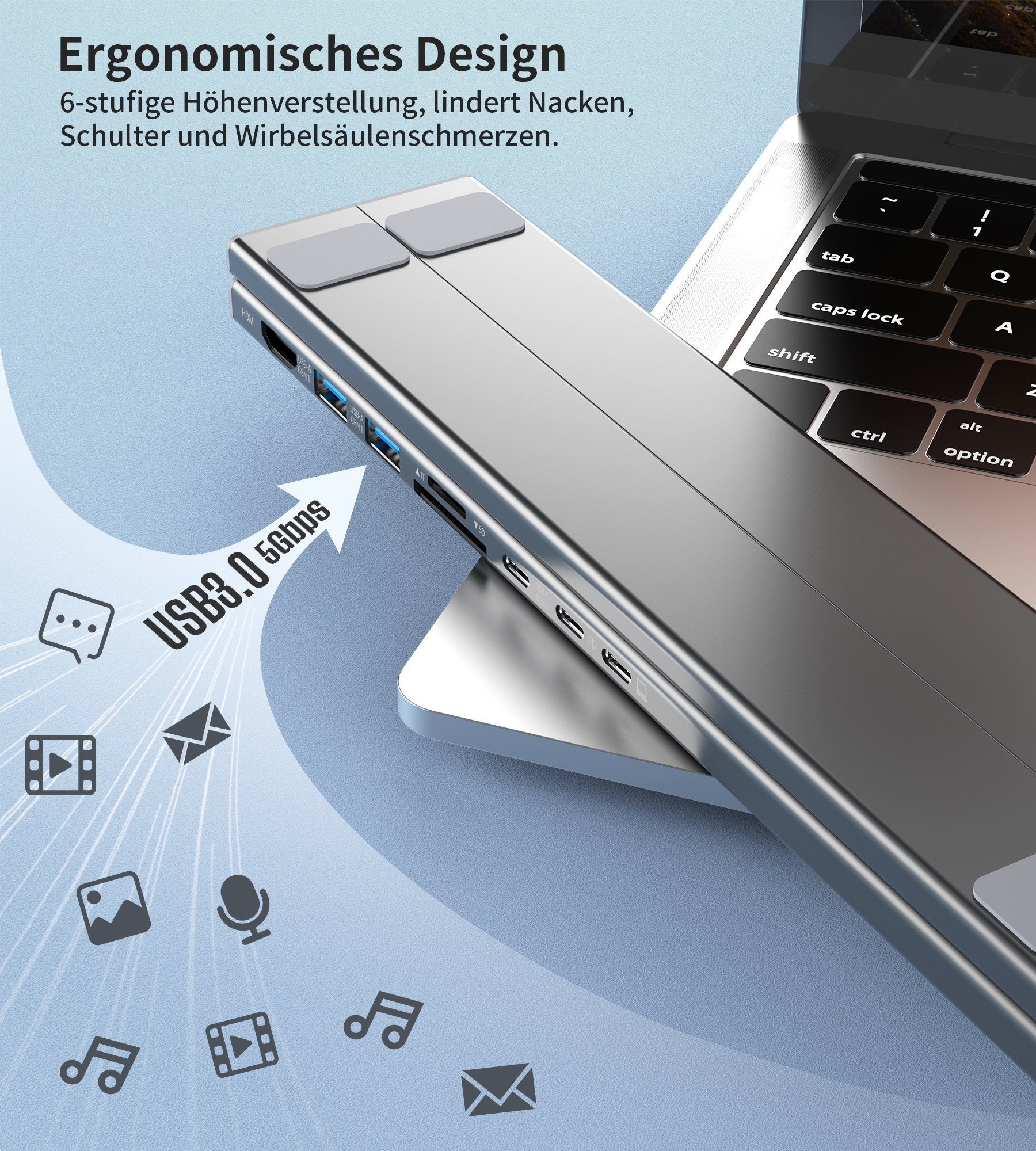 CHOETECH HUB-M48 7-in-1 Hub + Foldable Laptop stand USB-C to HDMI 4K/USB-A/TF&SD/USB-C with PD Charging — image 5