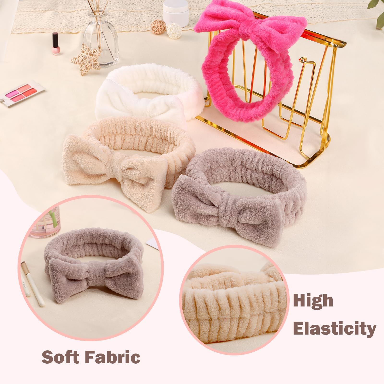 4 Pack Spa Headband, Makeup Headband Skincare Headbands Bow Hair Band,Soft Coral Fleece Head Band Wraps for Women and Girls — image 2