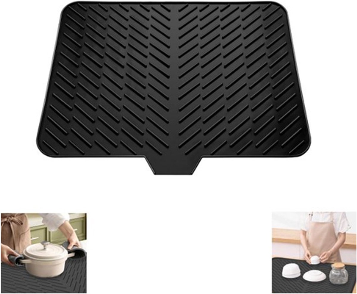 Silicone dish draining mat with integrated rim, heat-resistant, eco-friendly, waterproof, and non-slip. Ideal for dishes, bars, washing up, or any other use