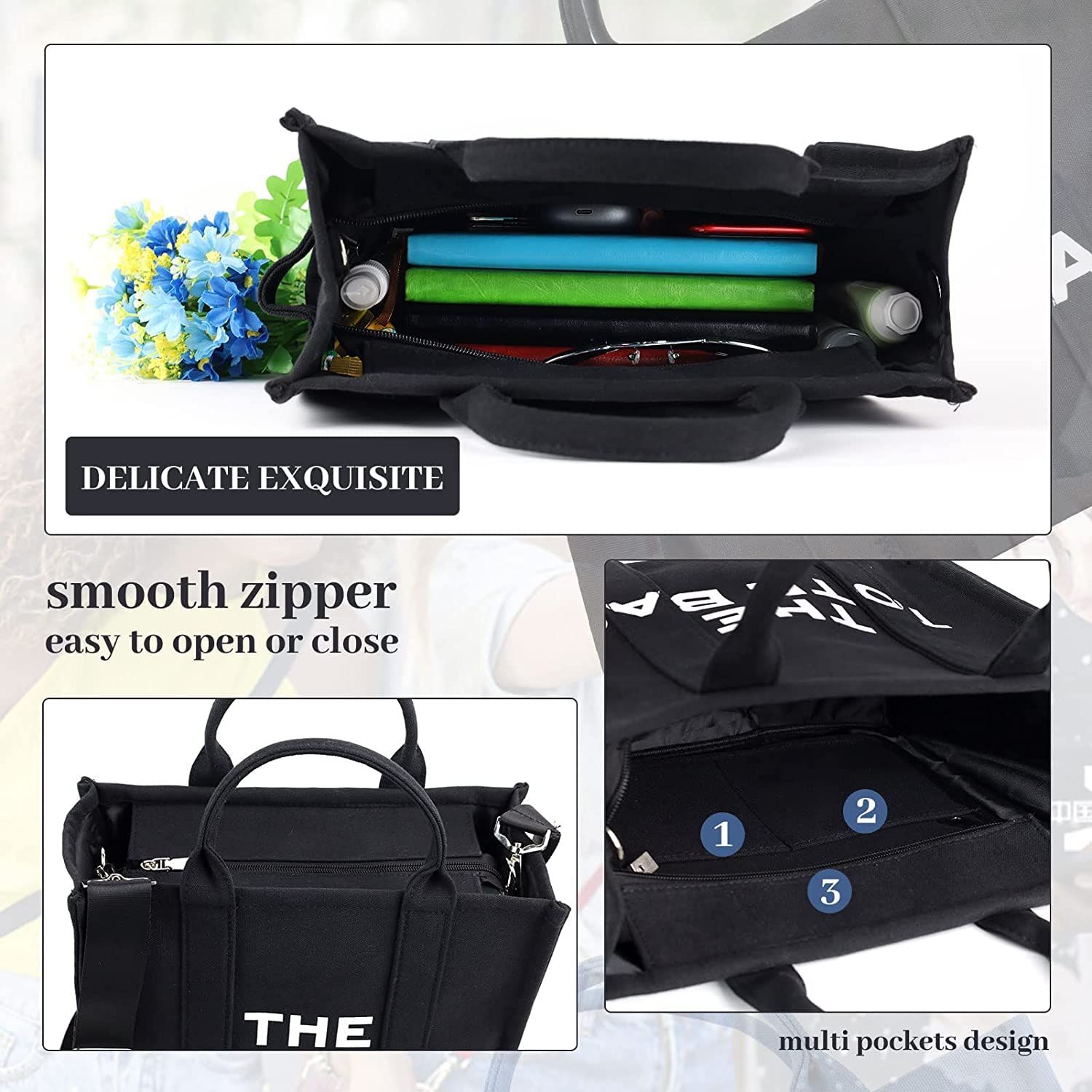 (black )Tote Bag for Women Canvas Shoulder Cord Purse with Inner Pocket Women's Logo and print Large Tote Bag — image 5