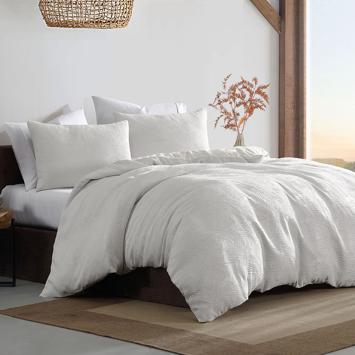 Ardor Avena White Textured Floral Jacquard Quilt Cover Set Queen
