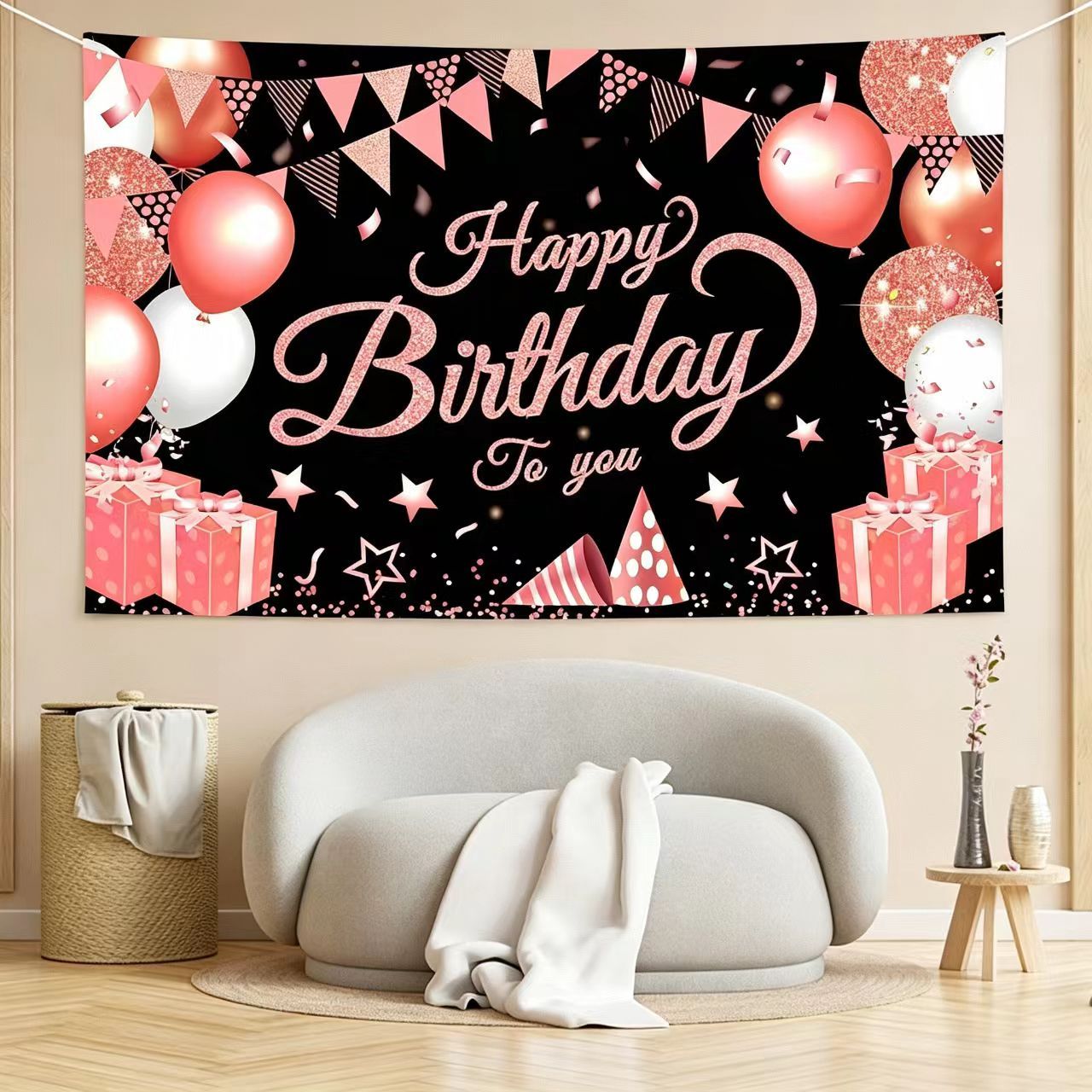 180*115cm Black and Pink Happy Birthday Banner - Glitter Party Backdrop & Confetti, Durable Polyester Wall Decoration for Birthday Parties, Photo Booth — image 5