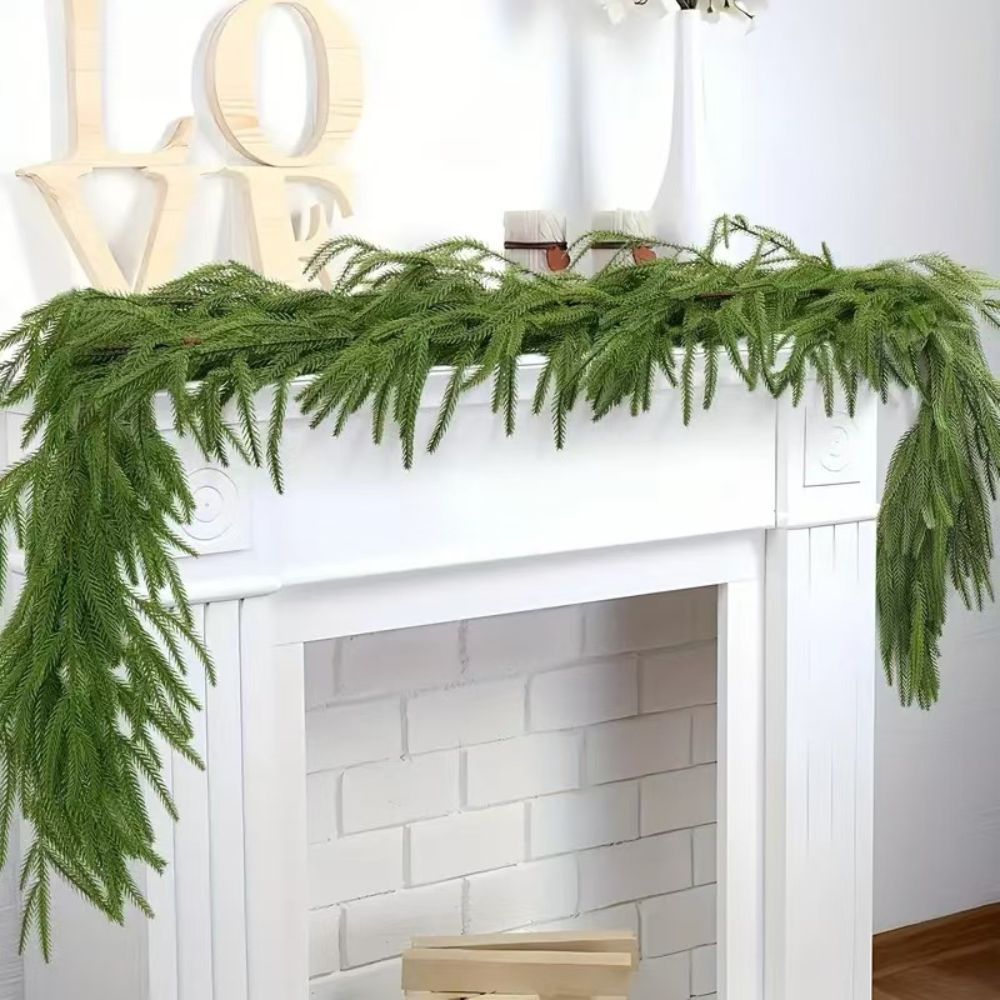 Artificial Norfolk Pine Garland, Real Touch Soft PVC Pine Needle Swag, Fake Cypress Greenery Vine for Christmas Fireplace Mantel Home Xmas Decor — image 5