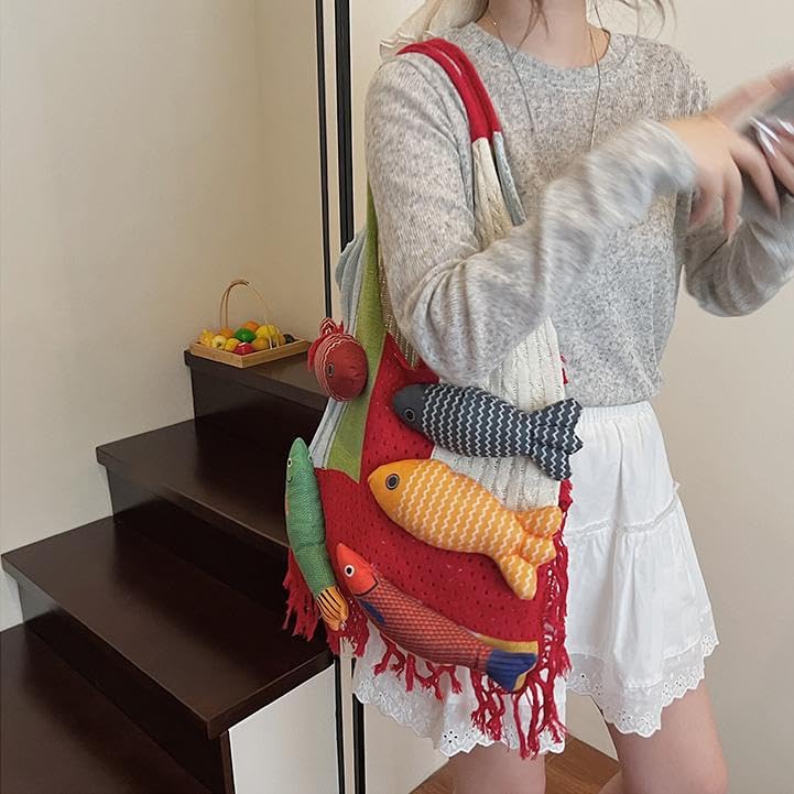 Boho Knit Tote Bag with 3D Fish Applique – Patchwork Shoulder Bag for Women, Beach, Travel & Daily Use – Soft Fringe Design (Red) — image 4