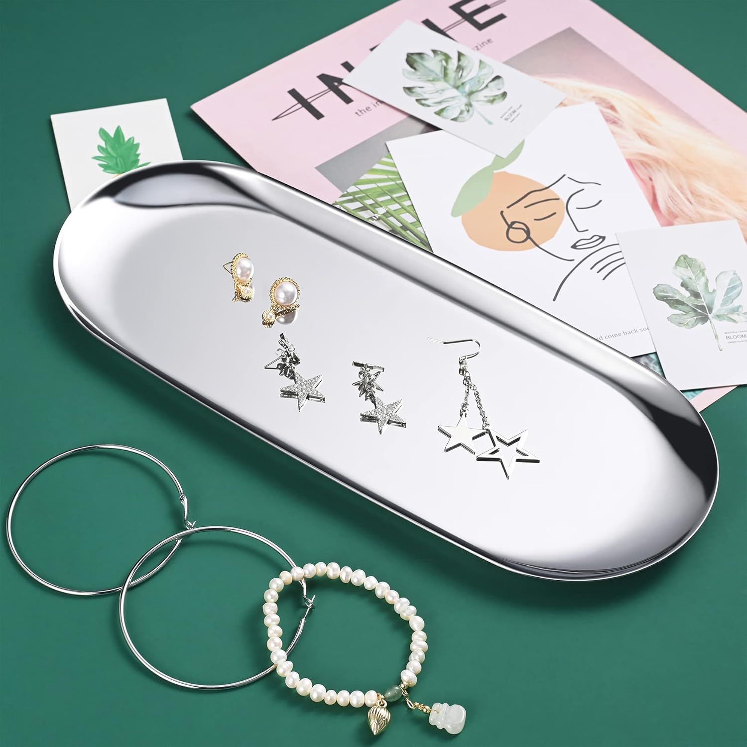 Silver Oval Vanity Tray, Stainless Steel Jewelry Tray, Bathroom Tray, Makeup Cosmetic Trays,Towel Napkin Tray,Storage Organizer,11.8 x 4.8 inches (L*W), Large โ image 2