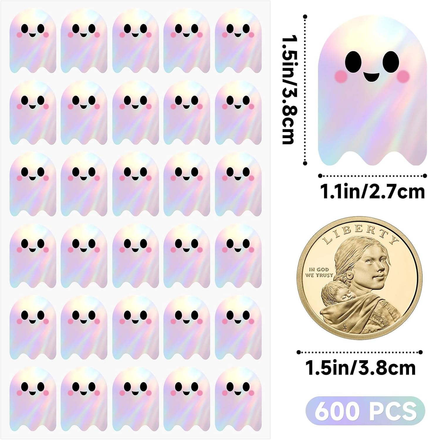 600Pcs Halloween Ghost Stickers - Cute Halloween Stickers Holographic Happy Halloweens Party Favor Sticker Self Adhesive Ghost Face Label Sticker for Envelope — image 2