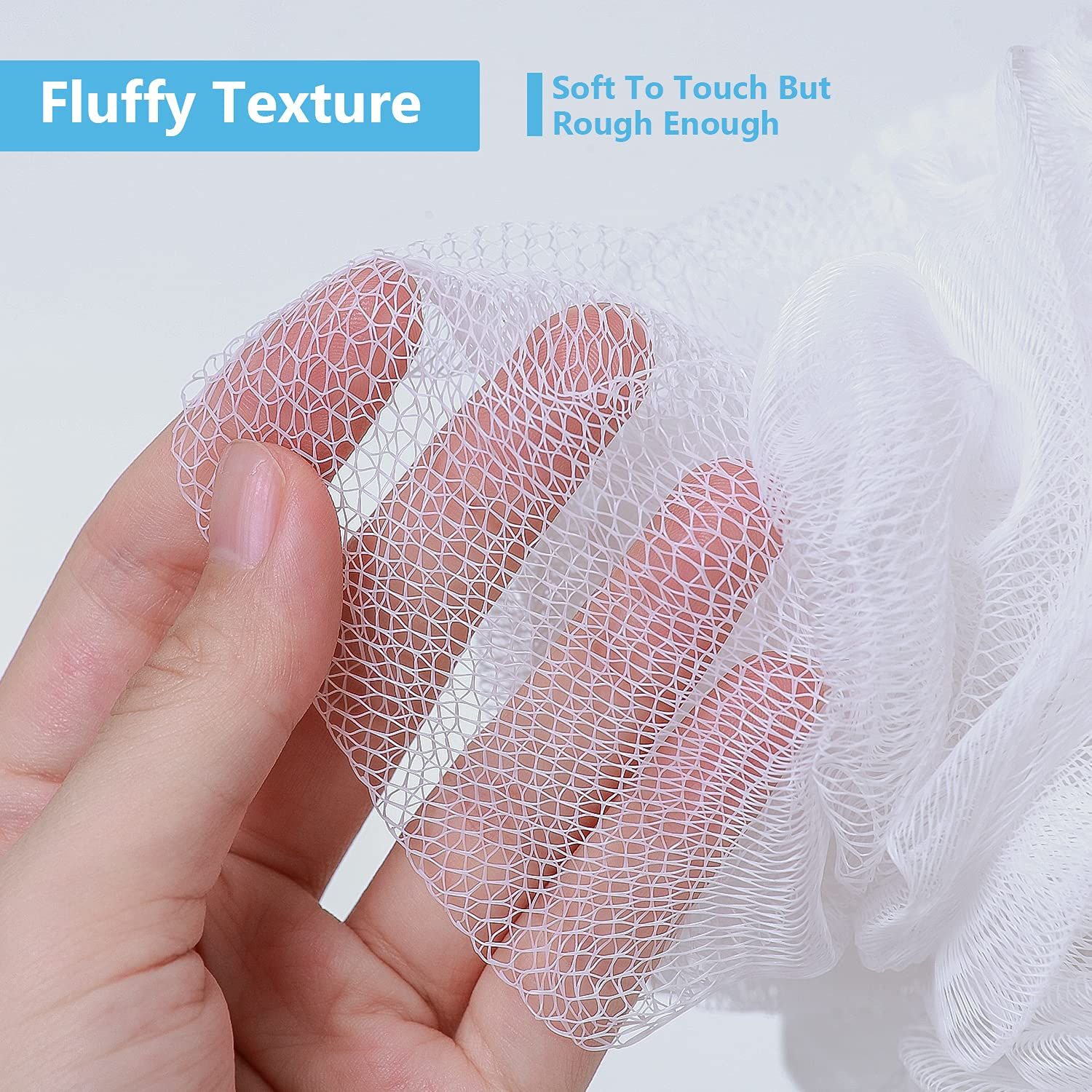 Set of 4 Bath Loofah Large 50g Shower Sponge Body Scrubber Mesh Pouf for Men and Women, (White) Rubbing and foaming — image 3