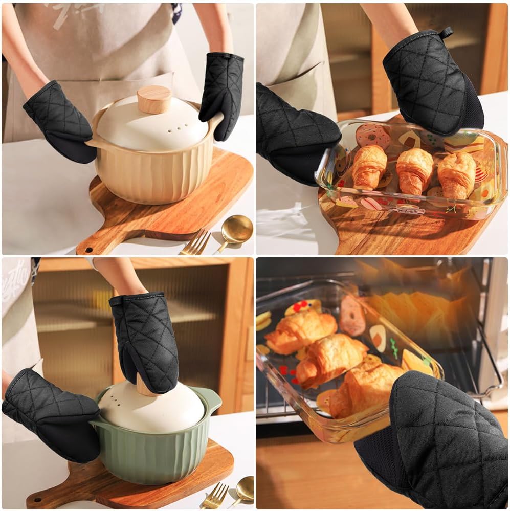 1 pair of short oven mitts made of neoprene cotton - black - with non-slip surface and hanging loop - suitable for cooking, baking and grilling — image 6