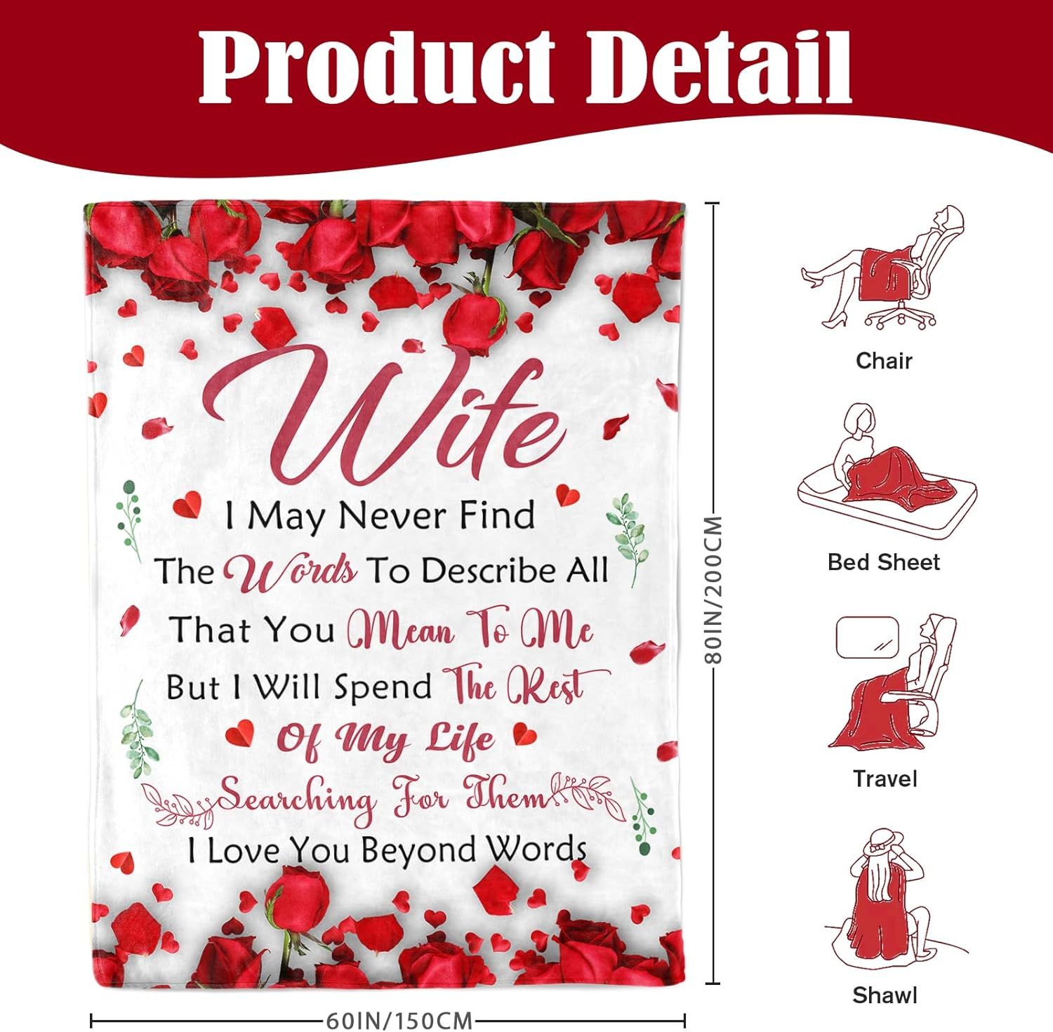 Romantic Rose Print Fleece Blanket for Wife, Soft Cozy Throw for Valentine’s Day Anniversary Christmas Gift, Warm Snuggle Blanket with Love Message (60”*80”) — image 5