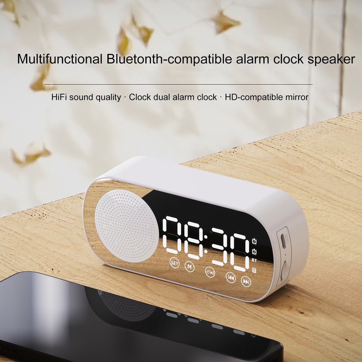 Bluetooth speaker alarm clock - with LED mirror display, radio, weather forecast - two high-volume alarms - suitable for deep sleepers - white — image 2