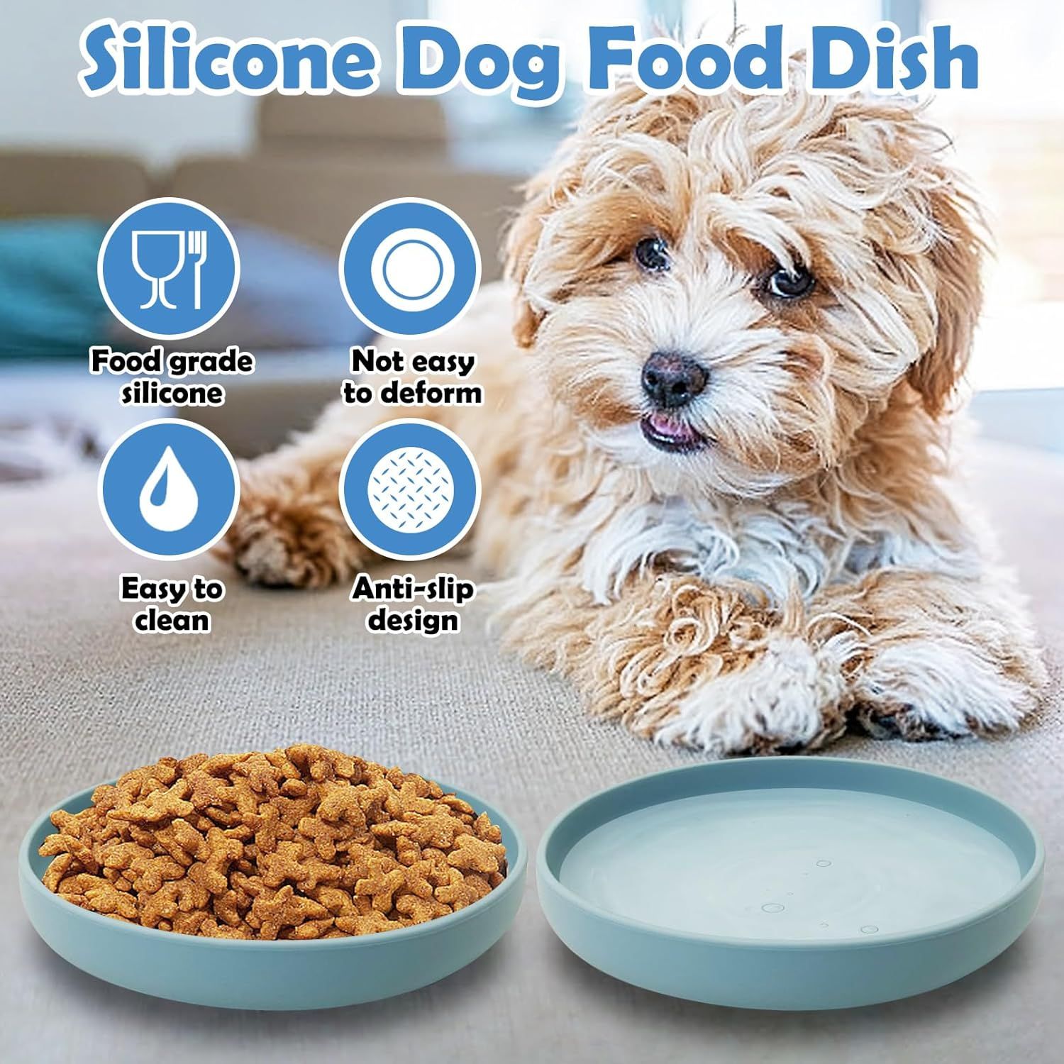 Silicone Dog Bowl Set of 2 Flat Puppy Food & Water Dish Less Mess Cat Dry Food Plates with Suction Cup Non-Tippable Feeding Bowls for Small & Medium-Sized Pets — image 4