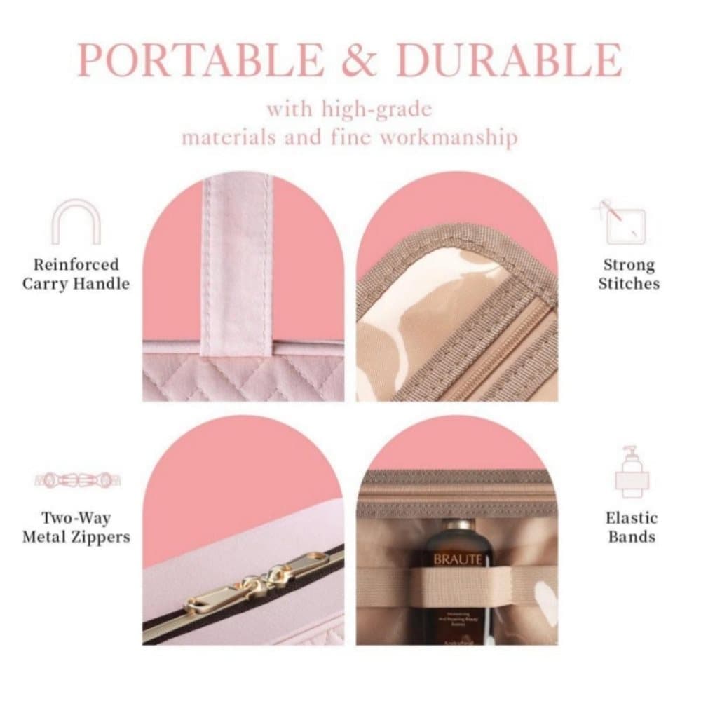 Waterproof Makeup Bag with Hanging Hook, Lightweight Toiletry Bag for Bathroom and Travel, Pink — image 4