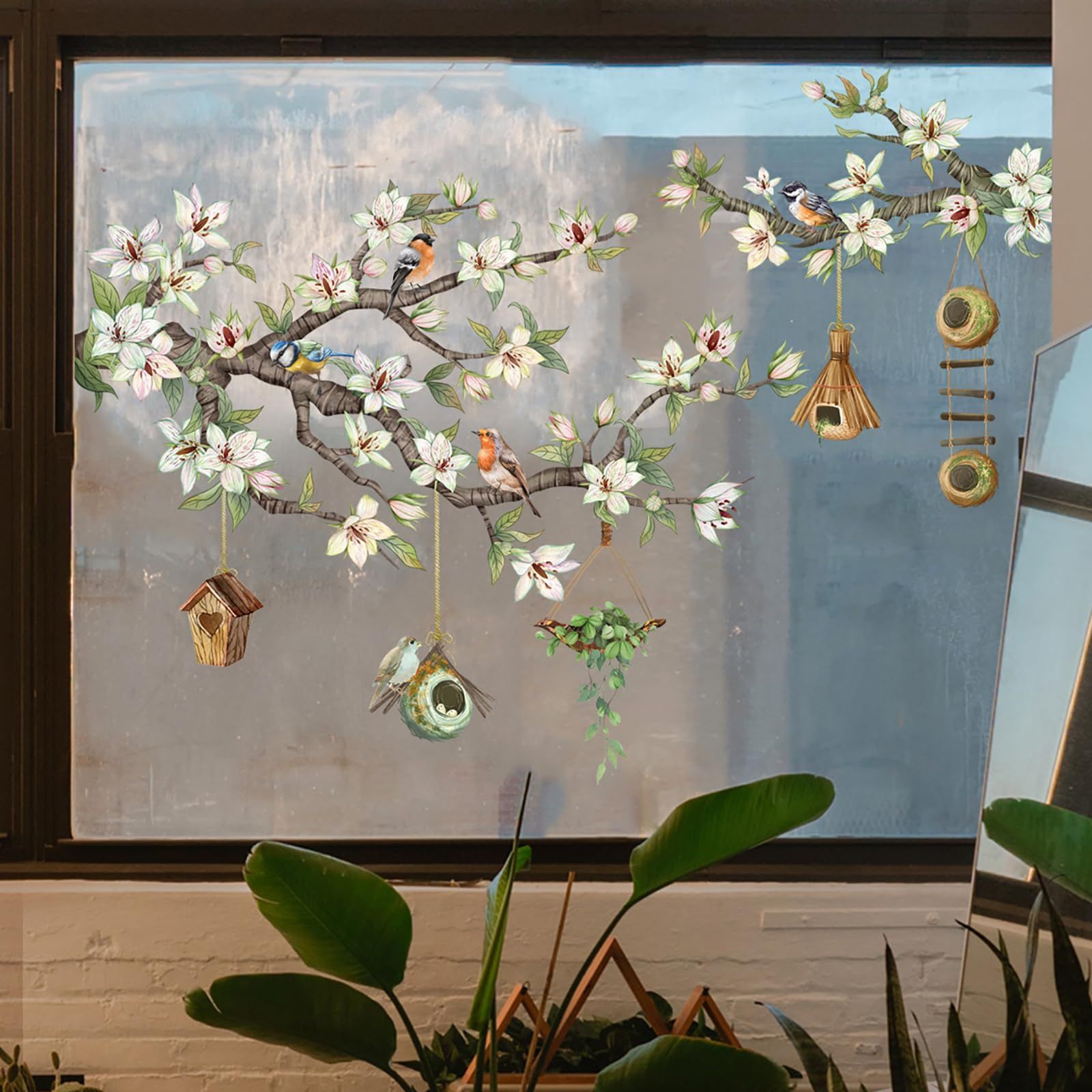 Watercolor Birds on Cherry Blossom Branches Window Clings Stickers Green Leaf and Cute Bird Nest Decor DIY Flowers Decals