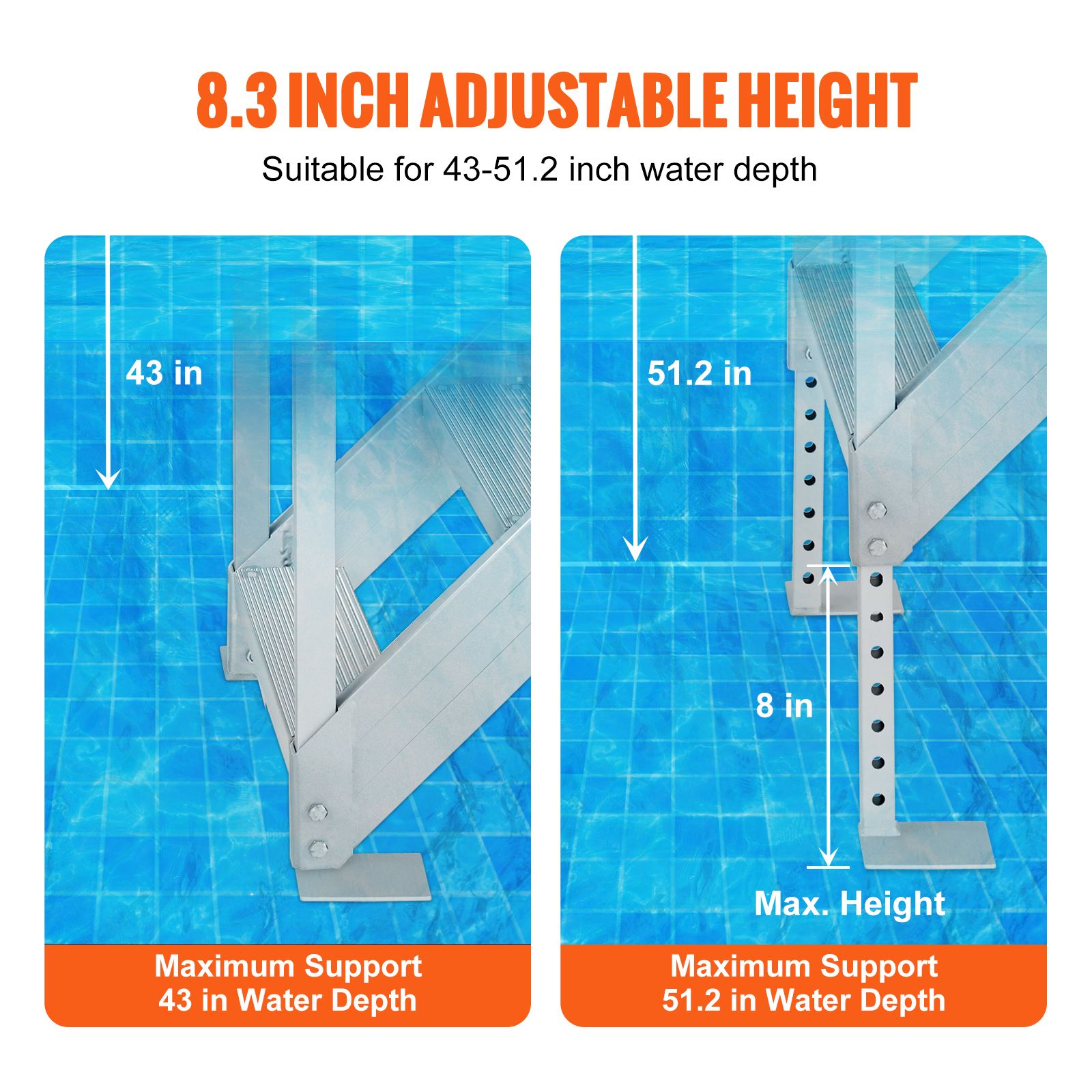 Dock Ladder, 1.09 m-1.29 m Adjustable Height, 227 kg Load Capacity, Aluminum Alloy 6 Steps Pontoon Boat Ladder with Dual Handrails & Nonslip Mat, Ideal for — image 3