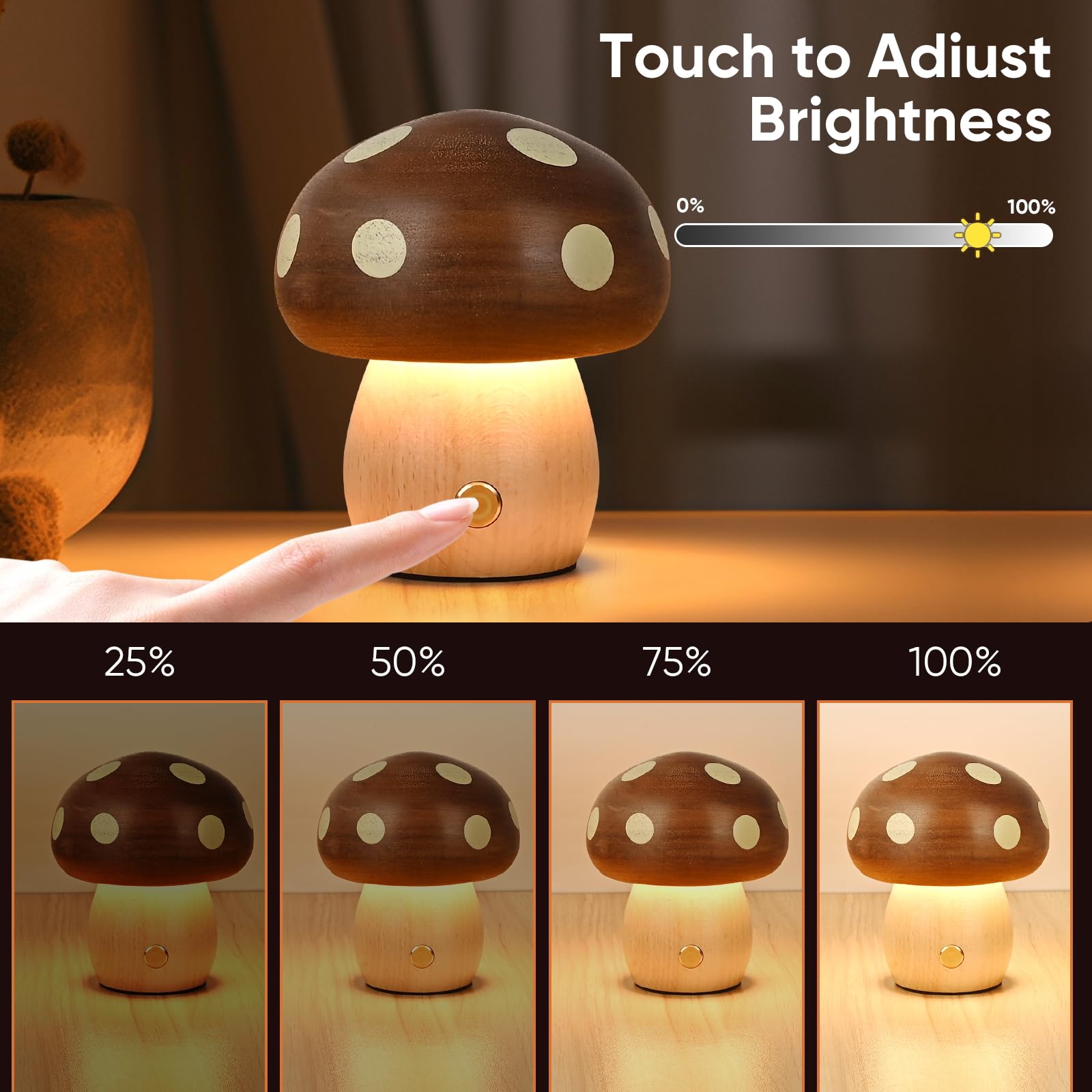 Touch Control Mushroom Night Light – Rechargeable Wooden Desk Lamp with 4 Brightness Levels, Soft Warm Glow for Baby Nursery, Bedroom, or Travel (Wooden Color) — image 6
