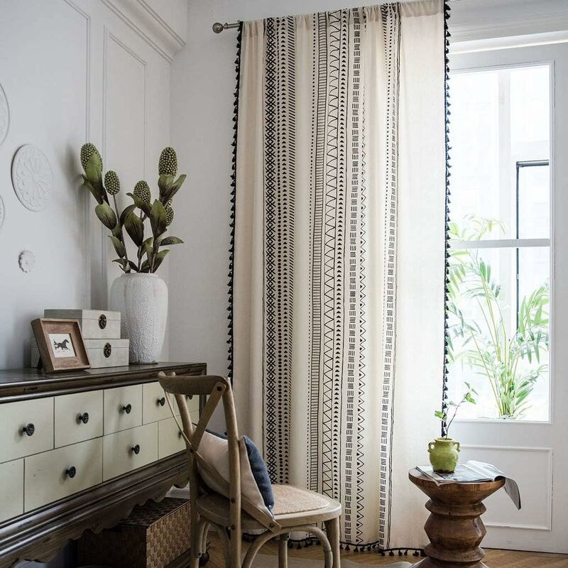 1 Panel Bohemian Curtains Cotton Linen Black Tassel Curtains For Living ROom Bedroom (White, 150 × 180 Cm)