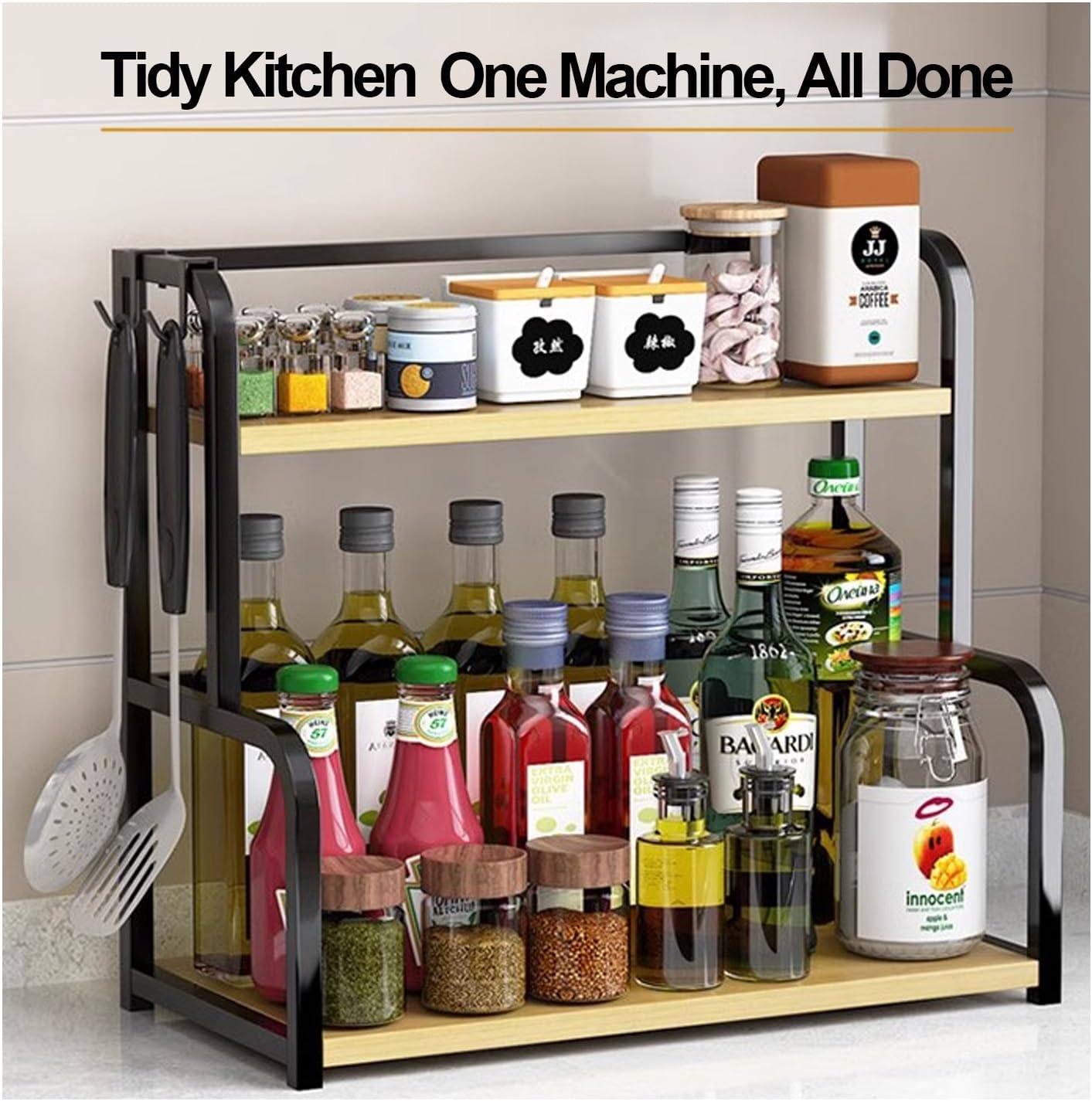 CARLA HOME 2-Tier Wooden Kitchen Countertop Spice Rack for Storage of Condiments, Oils, Jars & Seasoning Bottles — image 3