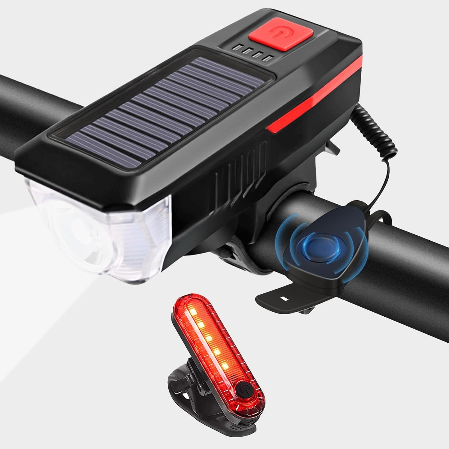 Solar and USB Rechargeable Bike Light Set with 120 dB Horn, 1500 mAh Battery and Multiple Lighting Modes, Black