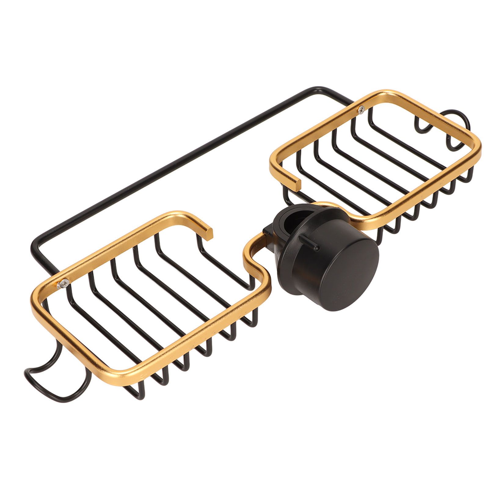 Faucet Storage Shelf Aluminum Plastic Two Containers with Towel Rod for Sponge Rag Kitchen Bathroom Black Gold — image 2