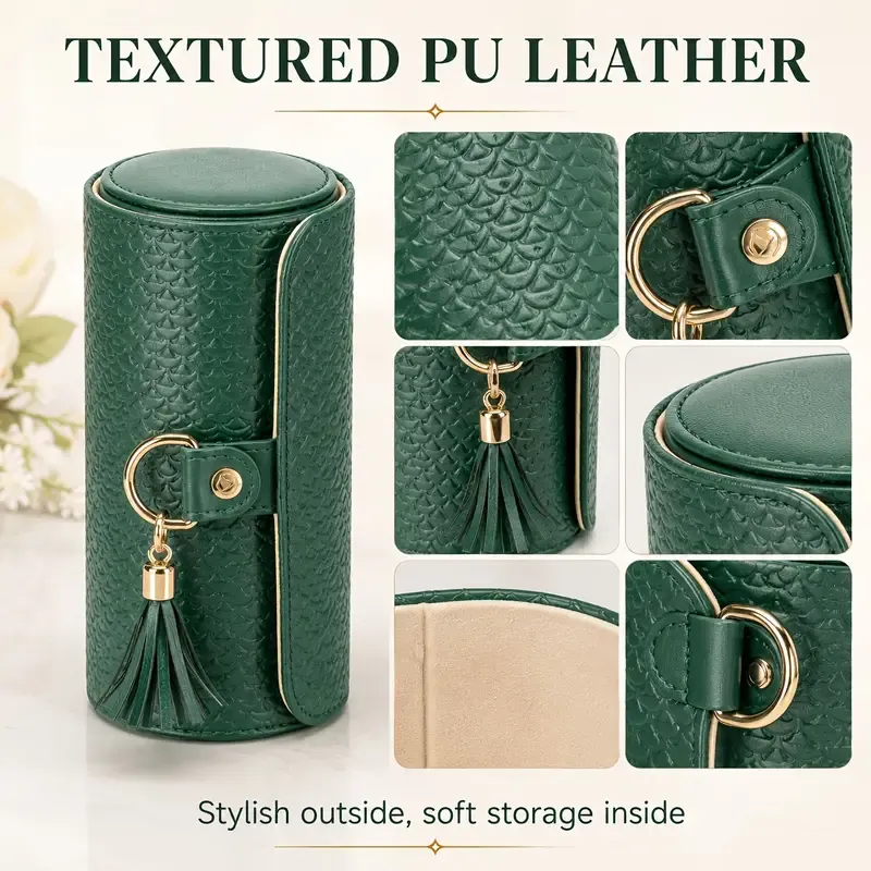 โจ Travel Jewellery Organizer Case | Textured PU Leather with Tassel | 3 Compartments for Rings, Earrings & Necklaces | Compact Gift for Her/Grey โ image 4