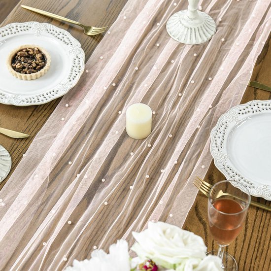 Pink Table Veil with White Pearls - Silky Gauze 30x120 Inches - For Weddings, Parties & Table Decorations โ image 4