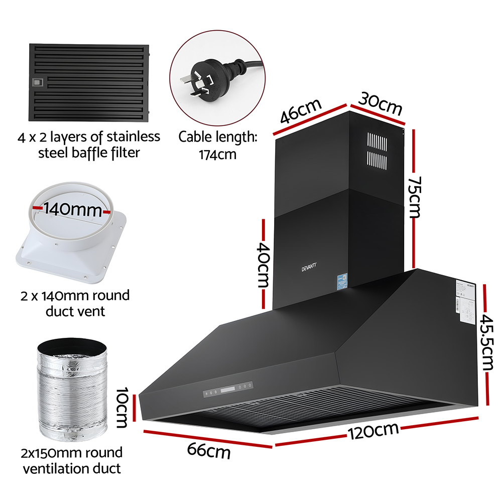 Devanti 1200mm Commercial BBQ Range Hood Dual Motor W/ Remote Control Black — image 3