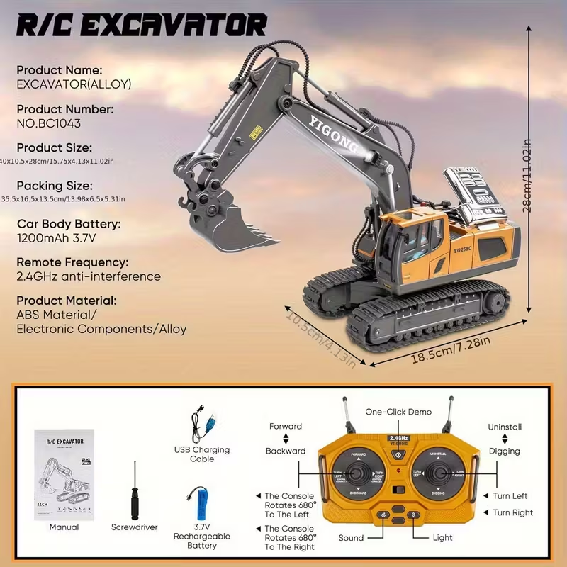 Mini Excavator Toy with Remote & App Control, High-Tech 11-Channel Alloy & Plastic Engineering Vehicle, Fun Toy for Men, Perfect Gift for Kids