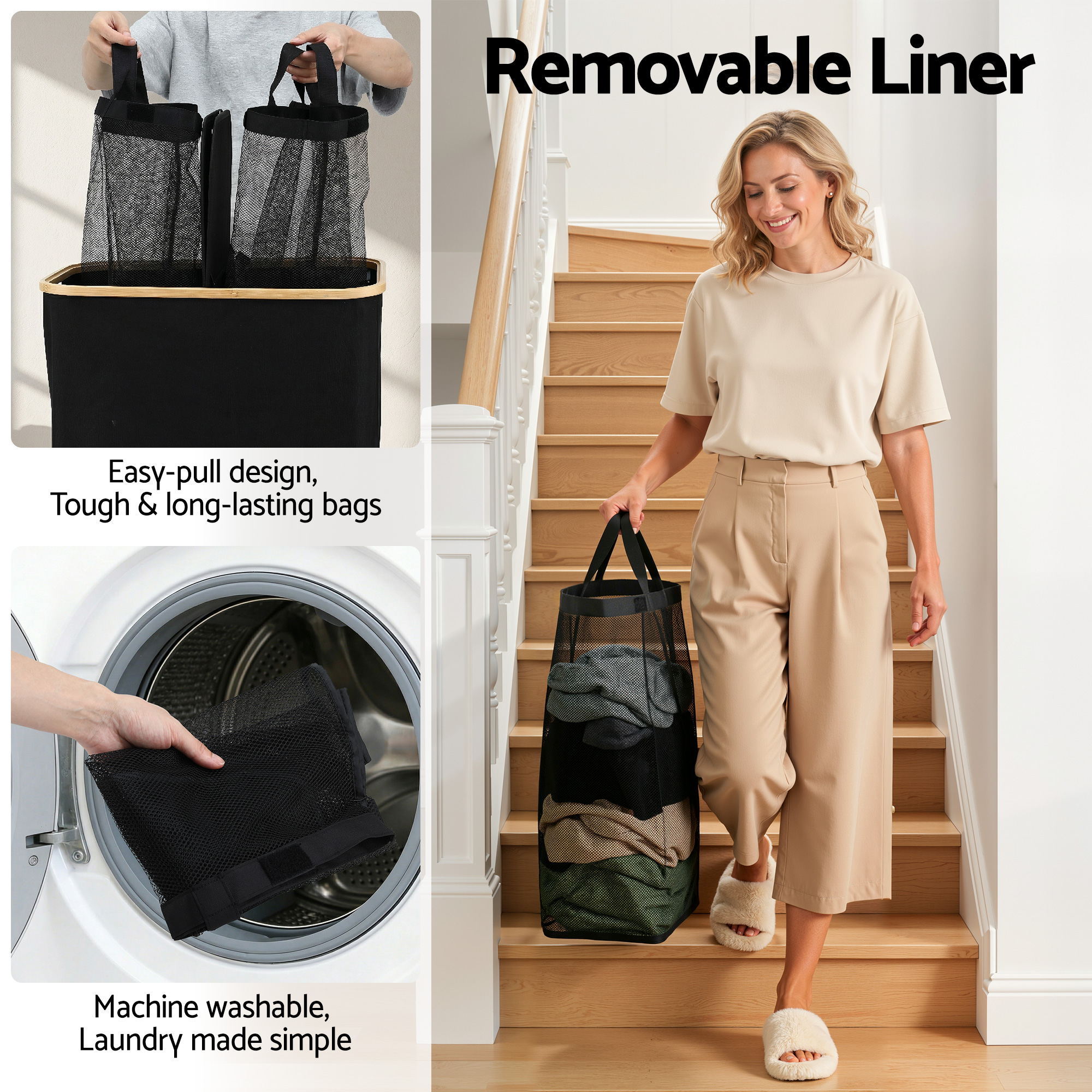 Artiss 2 Sections Laundry Basket with Removable Bags Foldable Black โ image 5