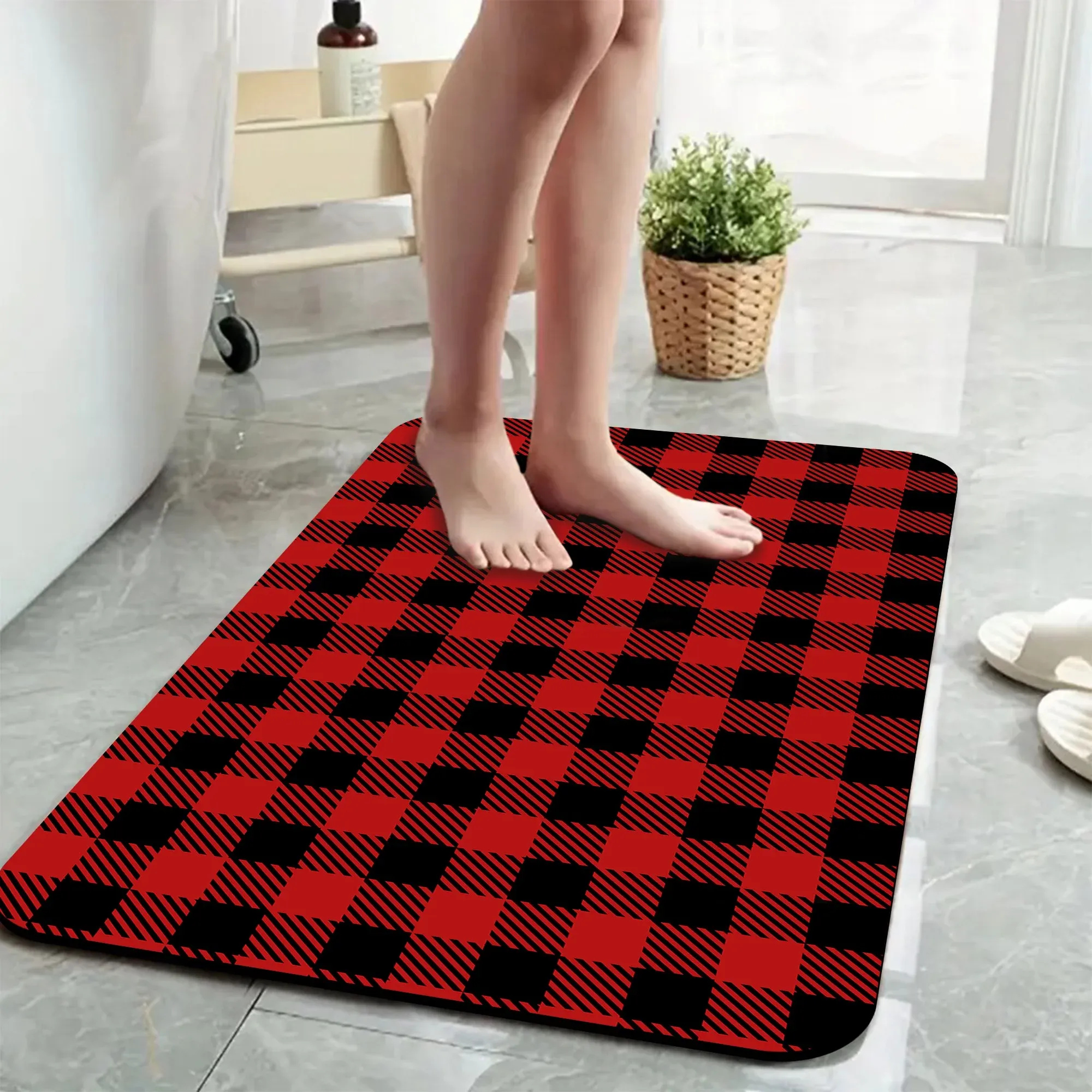 1 Piece Buffalo Plaid Bathroom Rug, Non-Slip Quick Dry Bath Mat for Tub, Shower, Floor and Indoor Outdoor Use, Red and Black — image 2
