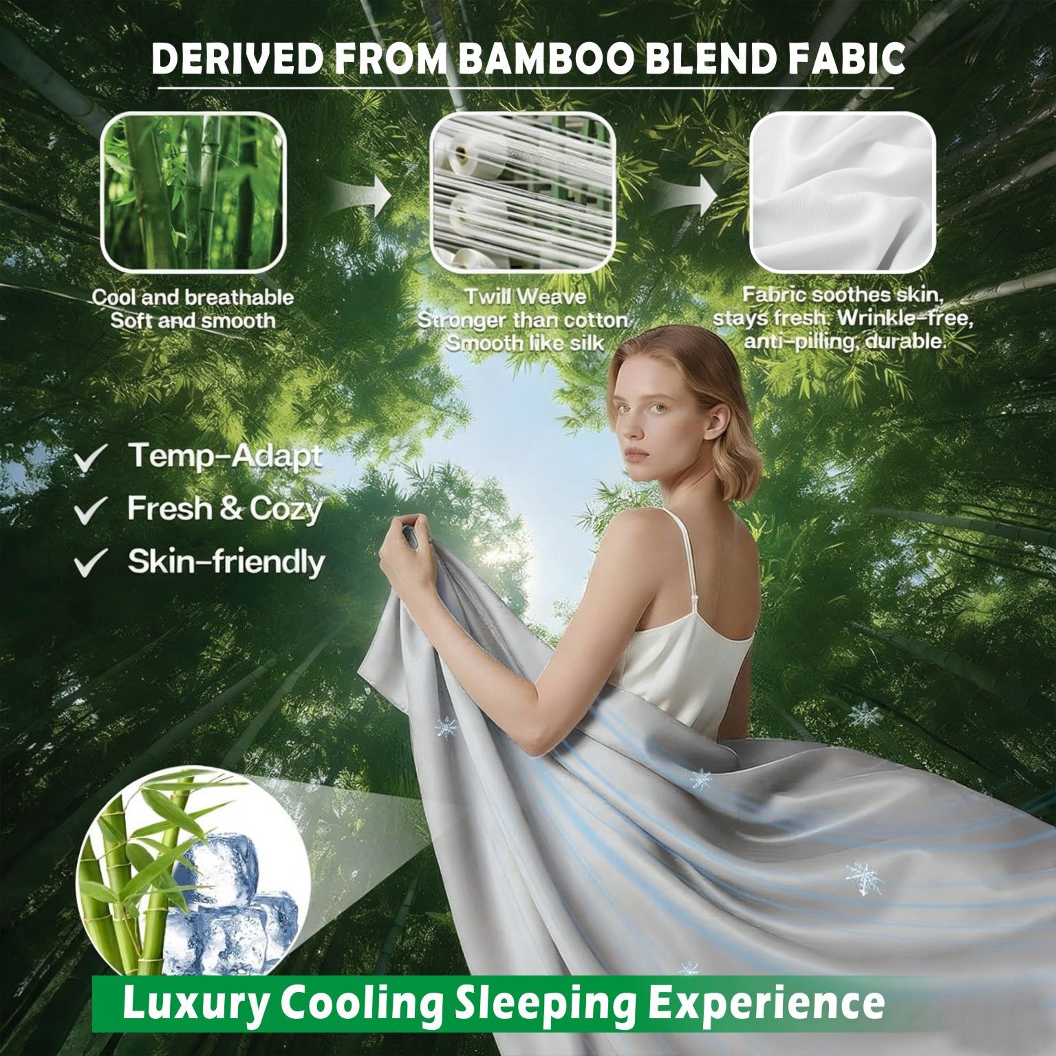 3 Piece Hotel Bamboo Cooling Sheet Set -Ultra Soft 2000TC Breathable Bed Sheets Set with 37 Centimetre Deep Pocket-Cooling Sheets for Hot — image 3