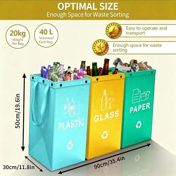 Collapsible Recycling Bags 40L, Waterproof Reusable Laminated Waste Sorting Bins with Carry Handles, Green Plastic & Orange Paper 2‑Pack for Home Kitchen — image 3