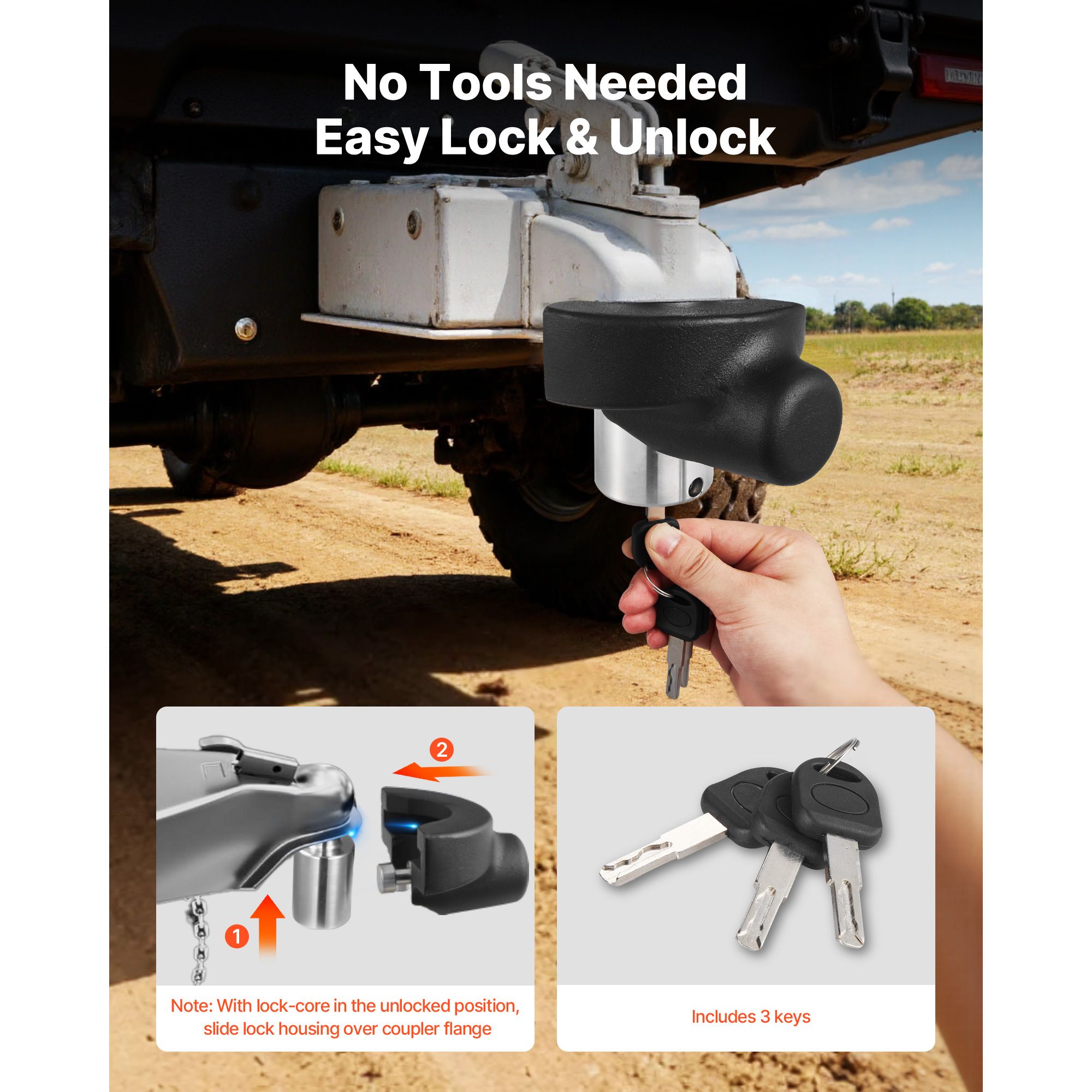 Trailer Hitch Lock, Compatible with 58.7 mm Couplers, Heavy-Duty Anti-Theft Trailer Ball Lock with 3 Keys, Prying-Resistant & Impact-Resistant, Fits for RVs — image 5
