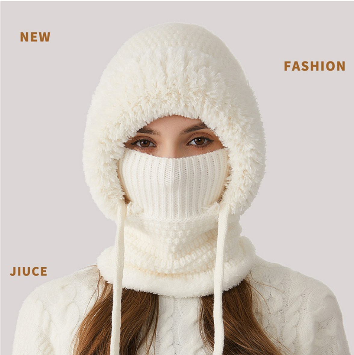 Winter Corn Velvet Hooded Scarf Mask Set - 3-in-1 Thermal Fleece Lined Balaclava for Extreme Cold - Windproof Face Cover for Skiing Cycling - Off White (2-Pack — image 2