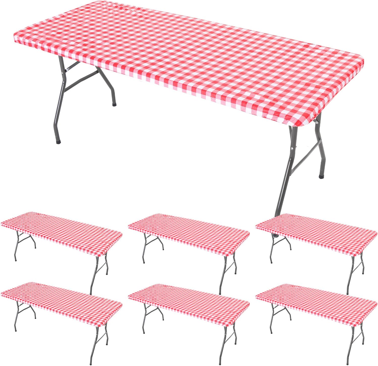 6 Pcs Tablecloth for Folding Fitted Rectangular Table Cloth 30 × 72 Inch Vinyl Waterproof Plastic Table Cover Flannel Backed with Elastic Rim for Indoor