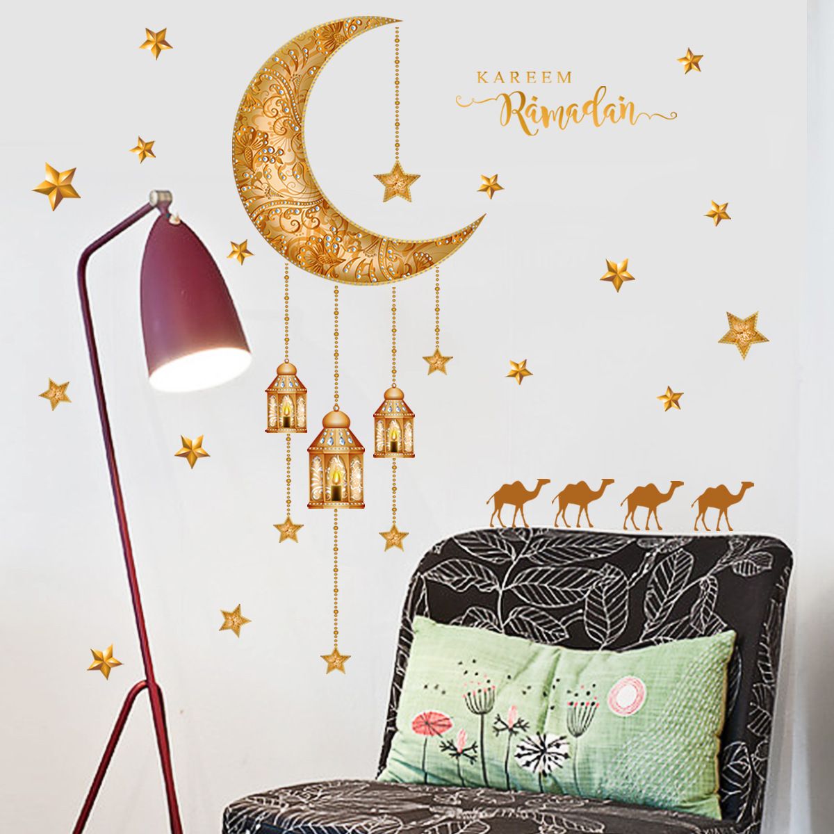Wall Decor Stickers Islamic Muslim Wall Stickers Eid Mubarak Wall Decals Lantern Moon Star Window Clings for Home Wall