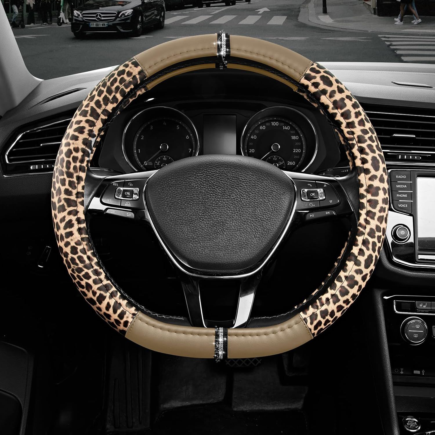 Leopard Steering Wheel Cover for Women, Cute Anti-Slip Microfiber Leather, Fits D Shape Flat Bottom Steering Wheel 14.5-15 Inch - Beige