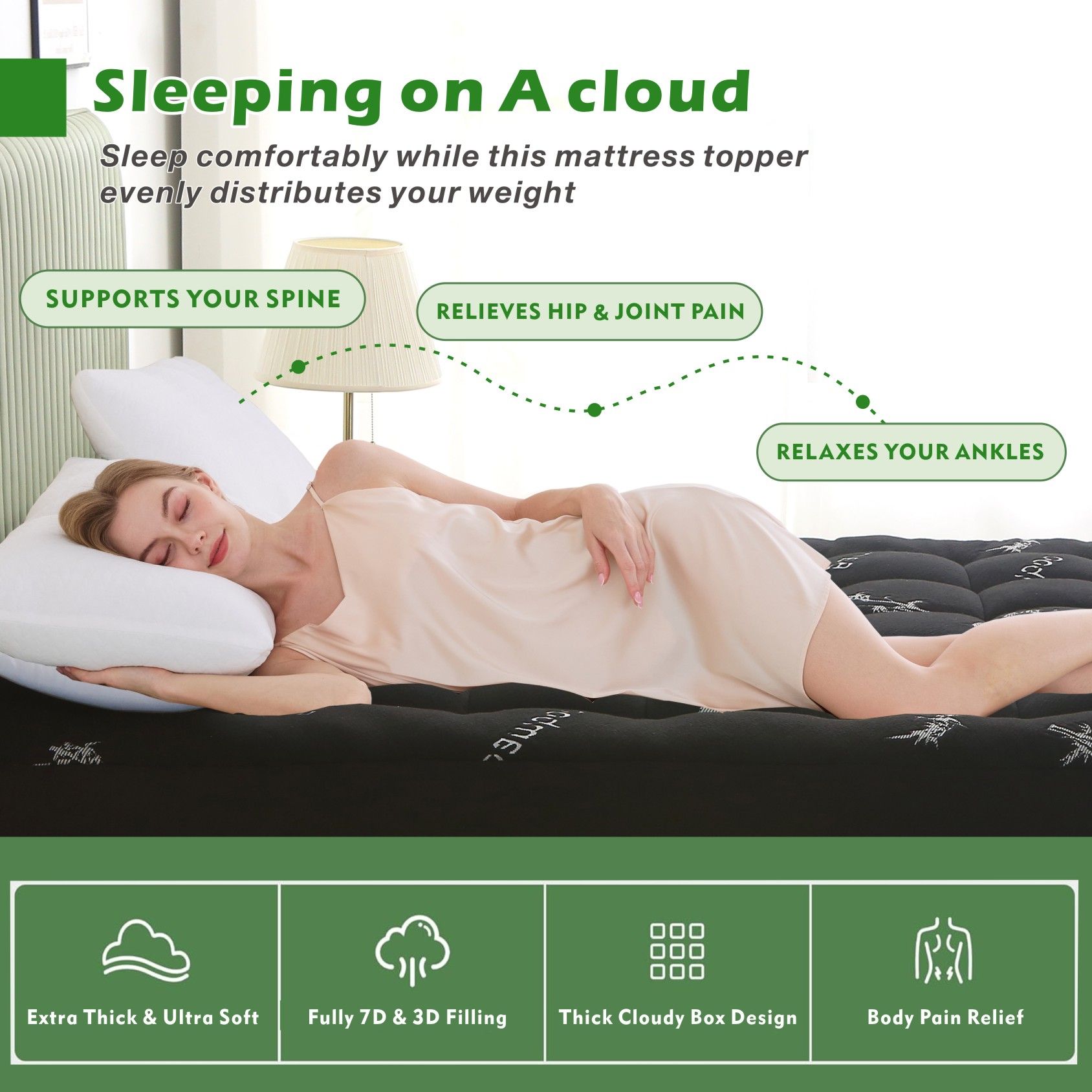 800GSM Mattress Topper Viscose Derived from Bamboo, Thick Pillowtop Fitted Mattress Cover with 45cm Deep Skirt - Machine Washable Hypoallergenic(King,Black) β image 5