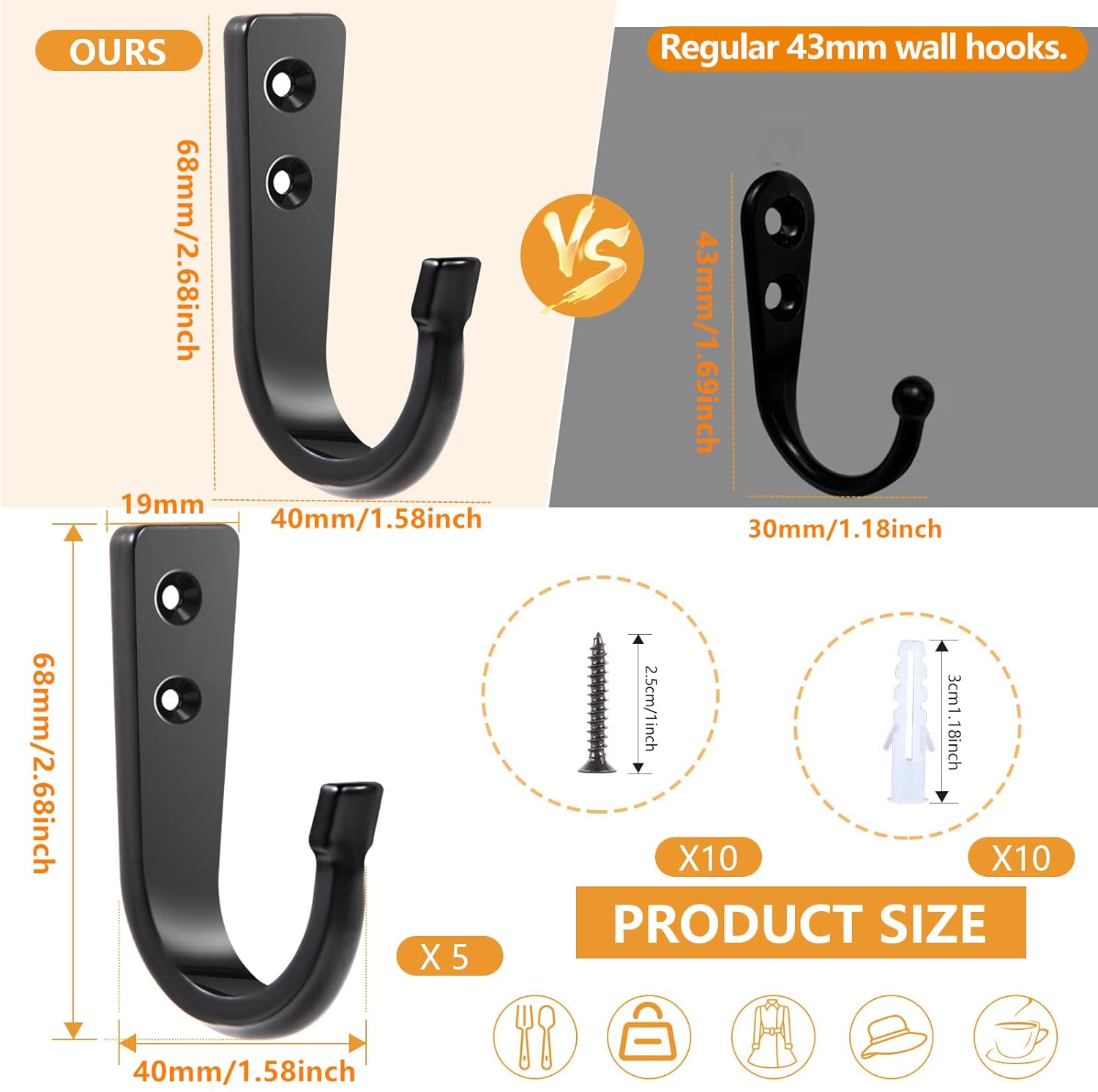 5 Large Size Heavy Duty Wall Hooks, Coat Hooks for Hanging Pans, Backpacks, Coats, Garage Items (Black) โ image 2