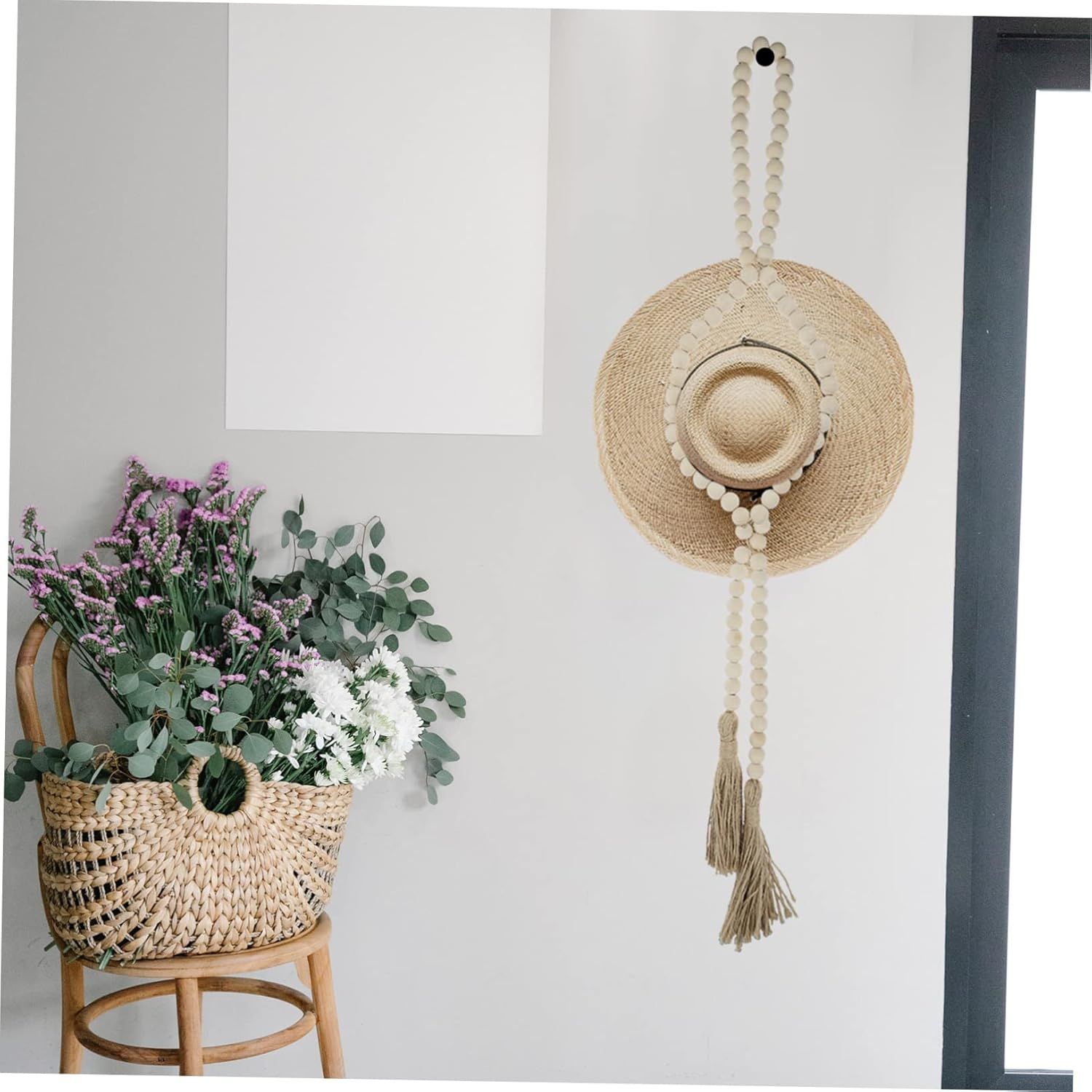 Hat Hanger Farmhouse Beads Tassel Trim Boho Decor Bathroom Wall Decor Fringe Garland Hat Organizer Wooden Prayer Bead Wooden — image 4