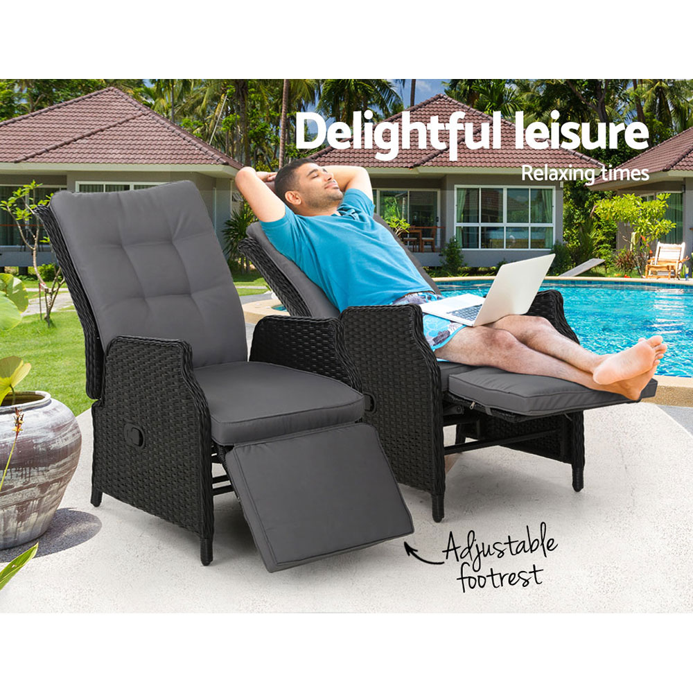 Gardeon 2PC Recliner Chairs Sun lounge Wicker Lounger Outdoor Furniture Adjustable Black — image 4