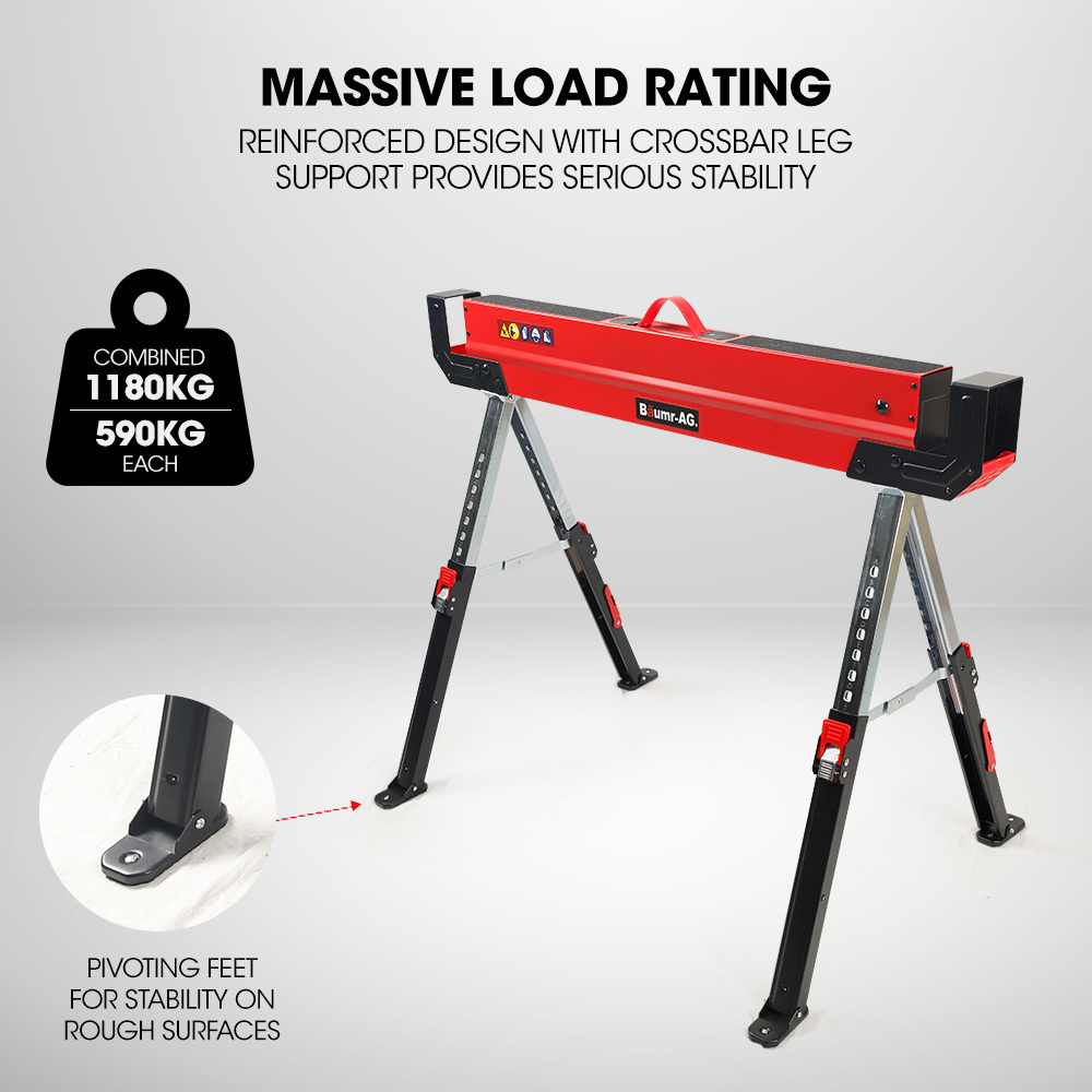 BAUMR-AG 2 x Steel Saw Horse, Folding Height Adjustable Sawhorse, 1180kg Capacity, 2 × 4 Support Arms — image 5