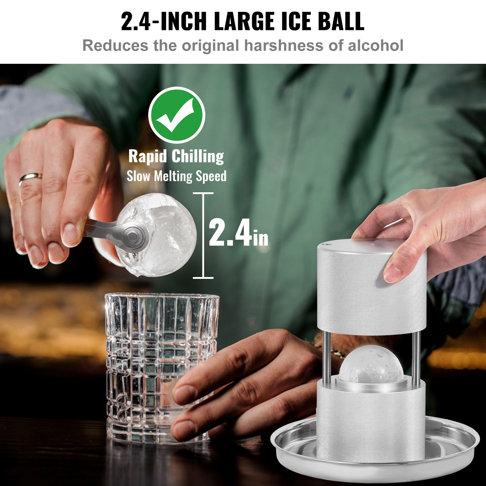 Ice Ball Press Kit, Aircraft Al Alloy Ice Press with Ice Block Mold, Large Mat, Tong, Drip Tray, One Glass, Round Ice Ball Maker 2.4"/60 mm Ice Sphere, for โ image 4