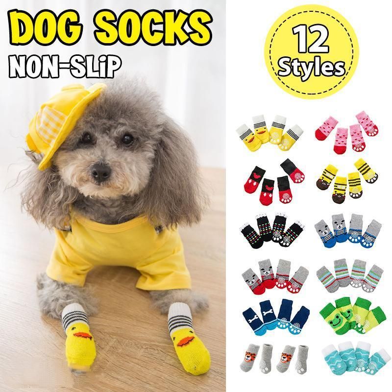 Non Slip Pet Socks for Dogs and Cats Knitted Paw Protector with Grips L Size - Grey stripes — image 2