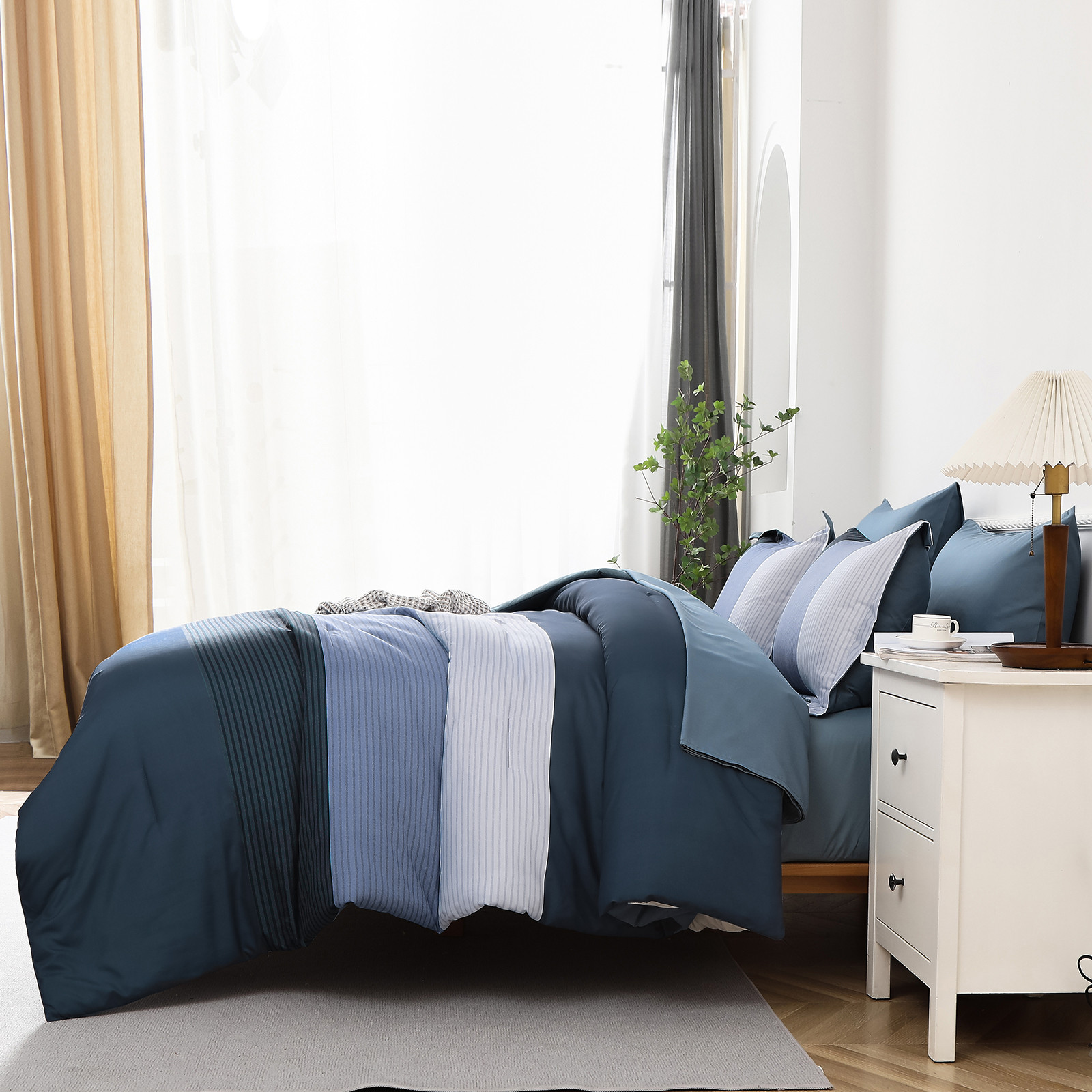 Navy Blue Comforter Set, King Size, Striped 3-Piece Bedding Collection โ image 5