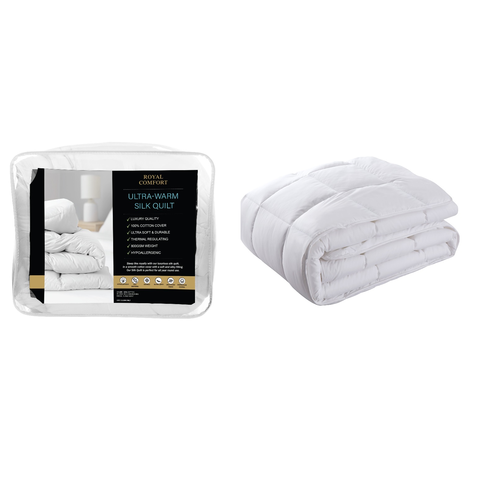 Royal Comfort 800GSM Silk Blend Quilt Duvet Ultra Warm Winter Weight - Double - White — image 2