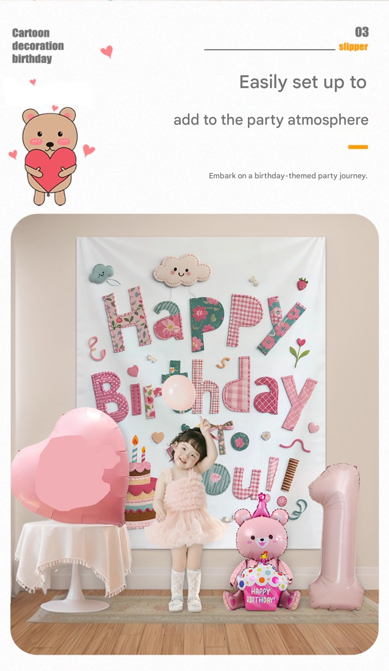 Pink Happy Birthday Backdrop Banner - Reusable Fabric Party Decoration with Colourful Lettering, Photo Background for Birthday, Celebration — image 3