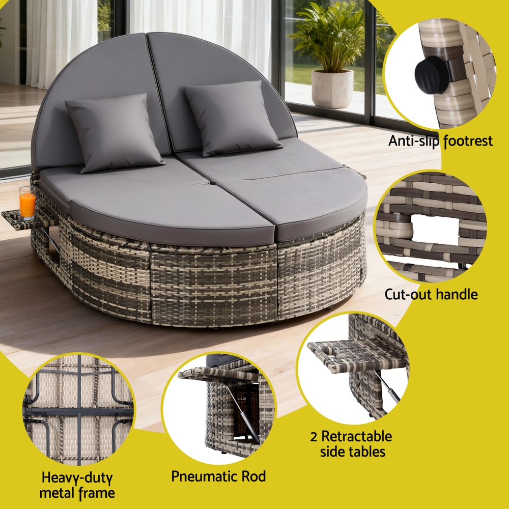 Gardeon Outdoor Day Bed Sun Lounge Setting Wicker Lounger Patio Furniture w/ Retractable Side Tray โ image 5
