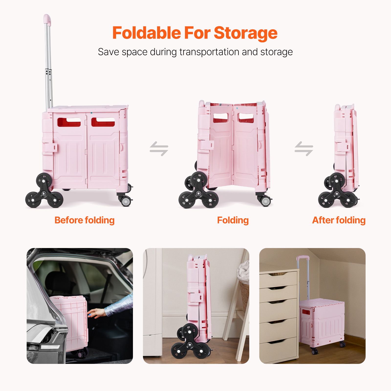Foldable Utility Cart, 65L Collapsible Portable Crate Rolling Cart with Stair Climbing Wheels & 360° Swivel Wheels, Hand Cart with Telescoping Handle for — image 6
