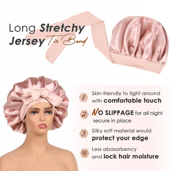 Satin Hat Silk Hat for Sleep Double Layer Satin Lined Hair Cap With Tie Caps For Women Naturally Curly Hair Pink — image 4
